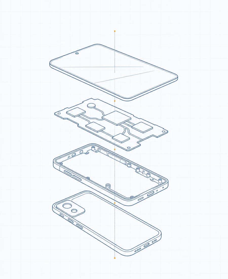 Desenho técnico de linhas azuis sobre papel claro: smartphone em vista explodida vertical, com camadas de tela, circuito e chassi flutuando e linhas de cota discretas.