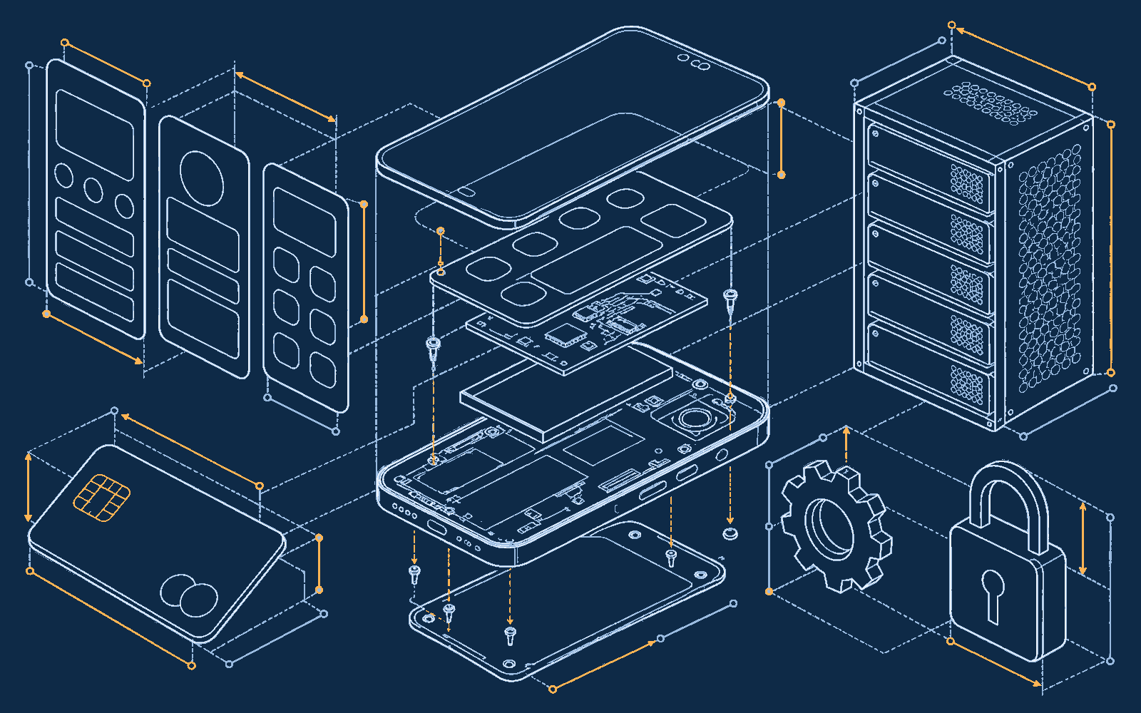 Desenho técnico em estilo blueprint: vista explodida de um aplicativo de celular, com chassi do smartphone ao centro, telas de interface, servidores, pagamento por cartão e PIX, selo de loja de aplicativos e cadeado de privacidade, com linhas de cota de desenho de engenharia.